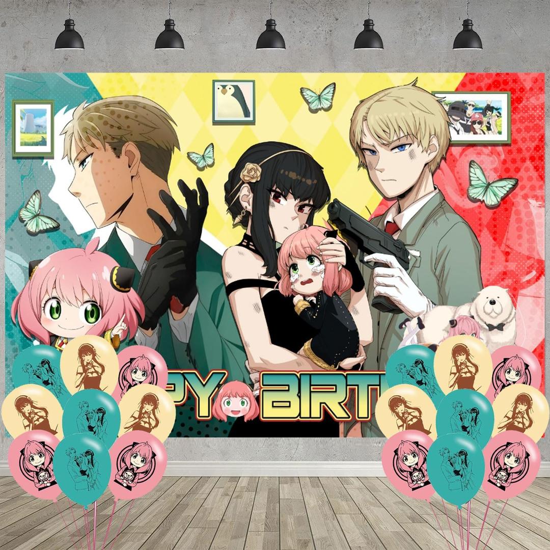 Spy Family Birthday Party Decoration,Anime Party Photo Background 5 x 3 FT and 18 Pcs Balloon,Anime Merch Party Backdrop Supplies