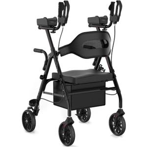 Upright Rollator Walker, Heavy Duty Stand Up Walkers for Seniors with Seat and Reversible Backrest, Foldable Standing Rollator with 8" Anti-Slip PU Wheels, Black