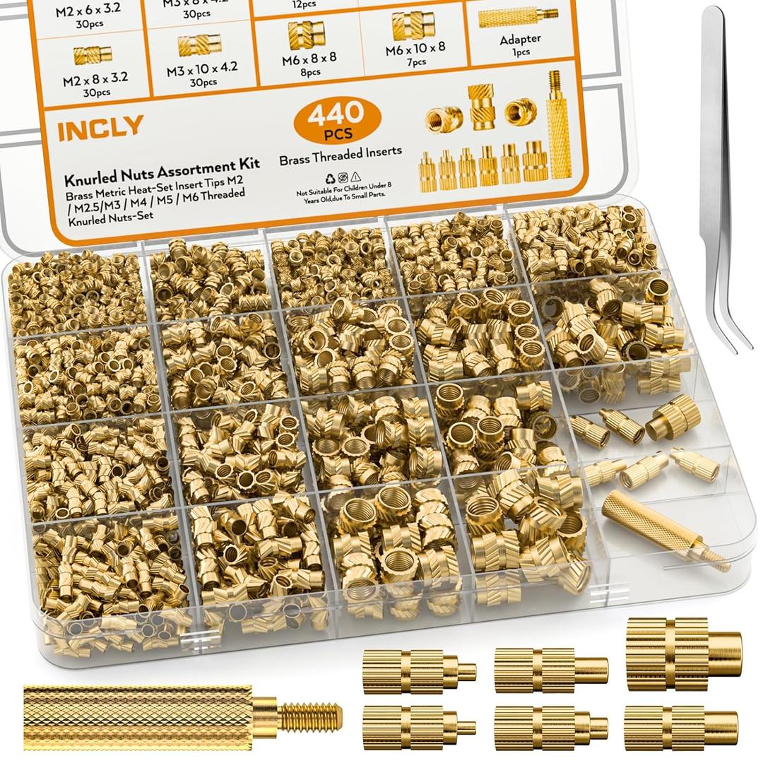 INCLY 440PCS Threaded Inserts Set with Soldering Tip & Adapter, M2 M2.5 M3 M4 M5 M6 Female Thread Metric Knurled Nuts Assortment KitBrass Hardware Nuts for Plastic and 3D Printing Component