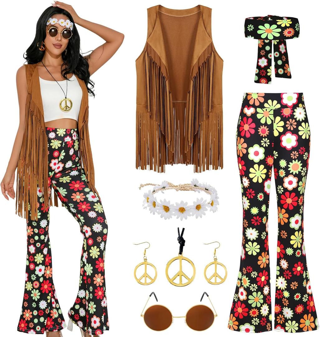 GERVAISE Womens 60s 70s Outfit Disco Hippie Costume Fringe Vest Boho Pants Accessories Set (X-Large, Black)