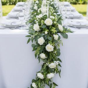 SHENLIU 4 Pack 26Ft Artificial Eucalyptus Flower Garland with White Roses, Faux Rose Vine Gypsophila Greenery Garland Floral Vines for Wedding Home Party Table Decor