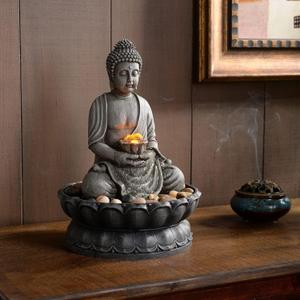 GOSSI Tall Indoor Tabletop Buddha Fountains Desk Water Fountain Sitting Buddha Fountain Zen Fountain w/ Reflective Lighting/Cobblestone Office and Home Decor, Yellow (20124), 7.87*7.87*11.2''