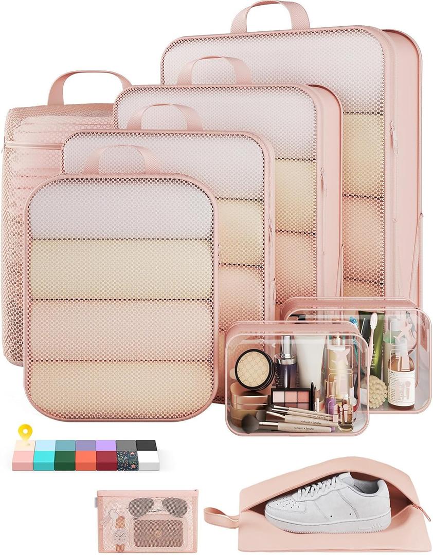 Veken 9 Set Compression Packing Cubes for Travel Essentials,Compressible Expandable Large Luggage Suitcase Organizer Bags for Clothing,Durable Space Saver Storage Bags with Toiletry Bags(Beige)