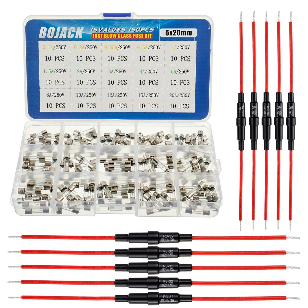BOJACK 5x20 mm Fuse Holder Inline Screw Type with 16 AWG Red Wire + 15 Values 150 Pcs 5x20mm Fast Blow Glass Fuses 250 V 0.1 0.2 0.25 0.5 1 1.5 2 3 4 5 8 10 12 15 20 A Assortment Kit