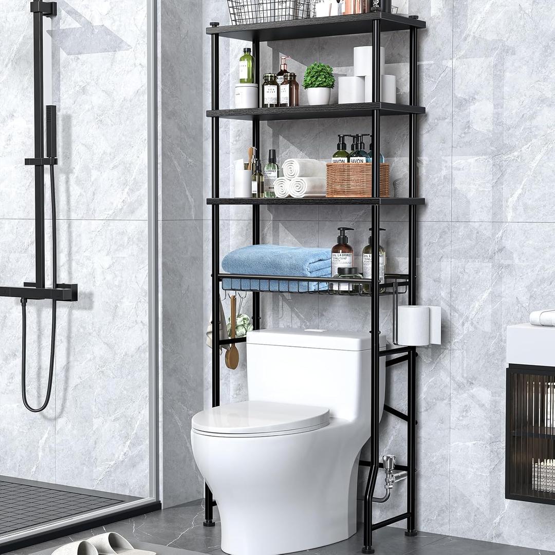 4-Tier Over-The-Toilet Storage Rack, Bathroom Organizer Shelf Over Toilet With Shelf Waterproof Feet Pad And Basket, Multifunctional Space Saver Bathroom Shelves Above Toilet for Room (Black), 24 x 11 x 65.5 inches