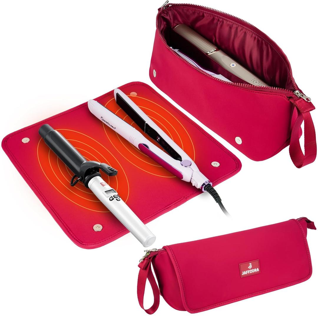 Hair Tools Travel Bag with Heat Resistant Mat and Lining, Portable 2 in 1 Hair Storage Bag for Curling Iron, Flat Irons, Straighteners and Haircare Accessories(Red)