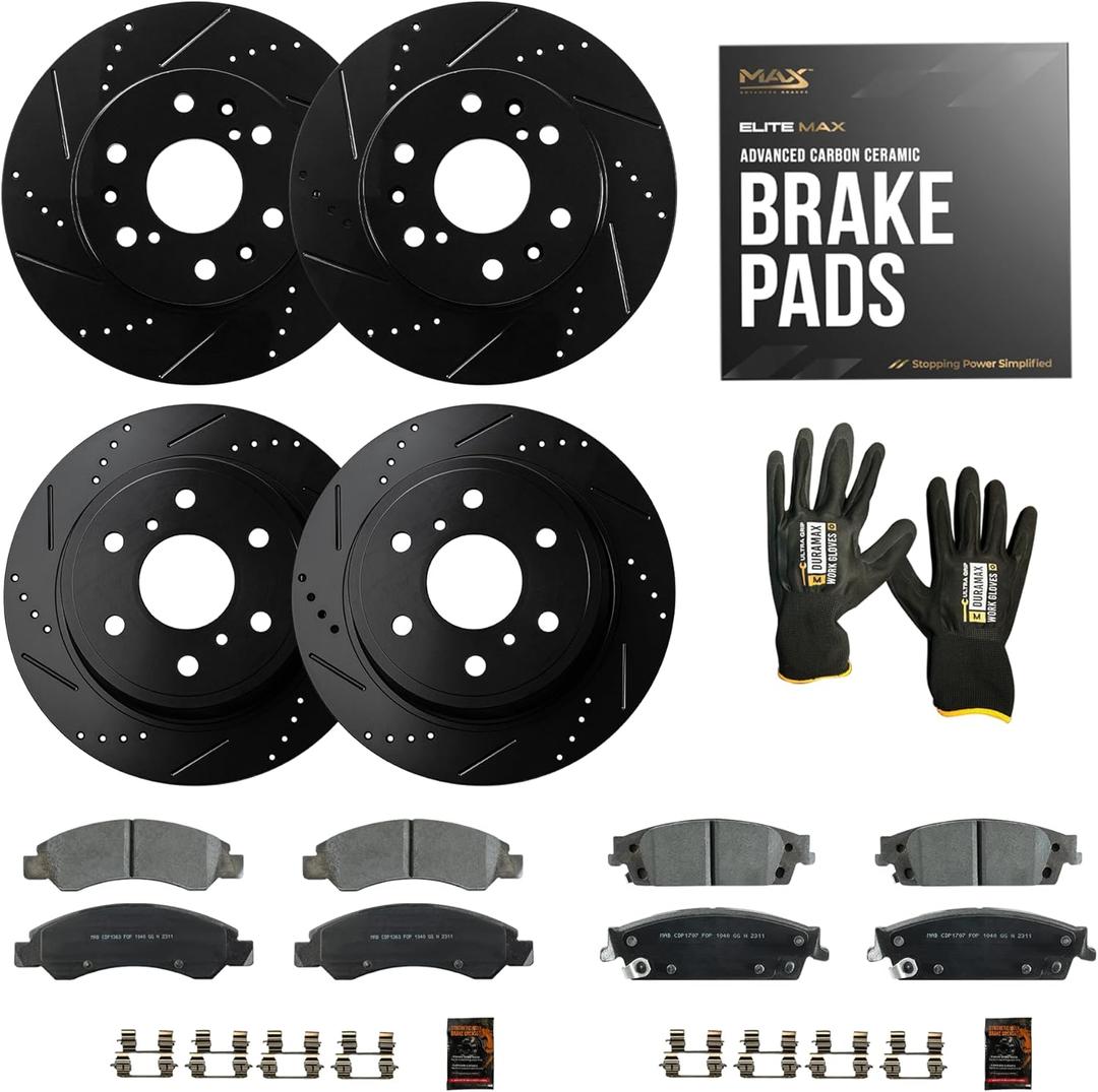 Max Advanced Brakes  PerformanceMAX Front & Rear Brake & Rotor Kit for Heavy-Duty Braking  Drilled & Slotted Brake Rotors & Ceramic Brake Pads  Fits 2007-2018 Chevy Silverado 1500 (KT0782)