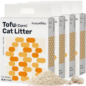 FUKUMARU Tofu Cat Litter - Natural Lightweight Bean Dregs & Corn Starch Cat Litter Pellets, Dust Free Quick Clumping, Effective Odor Control, Flushable, Low Tracking, 32lb (8lb x 4 Bags)