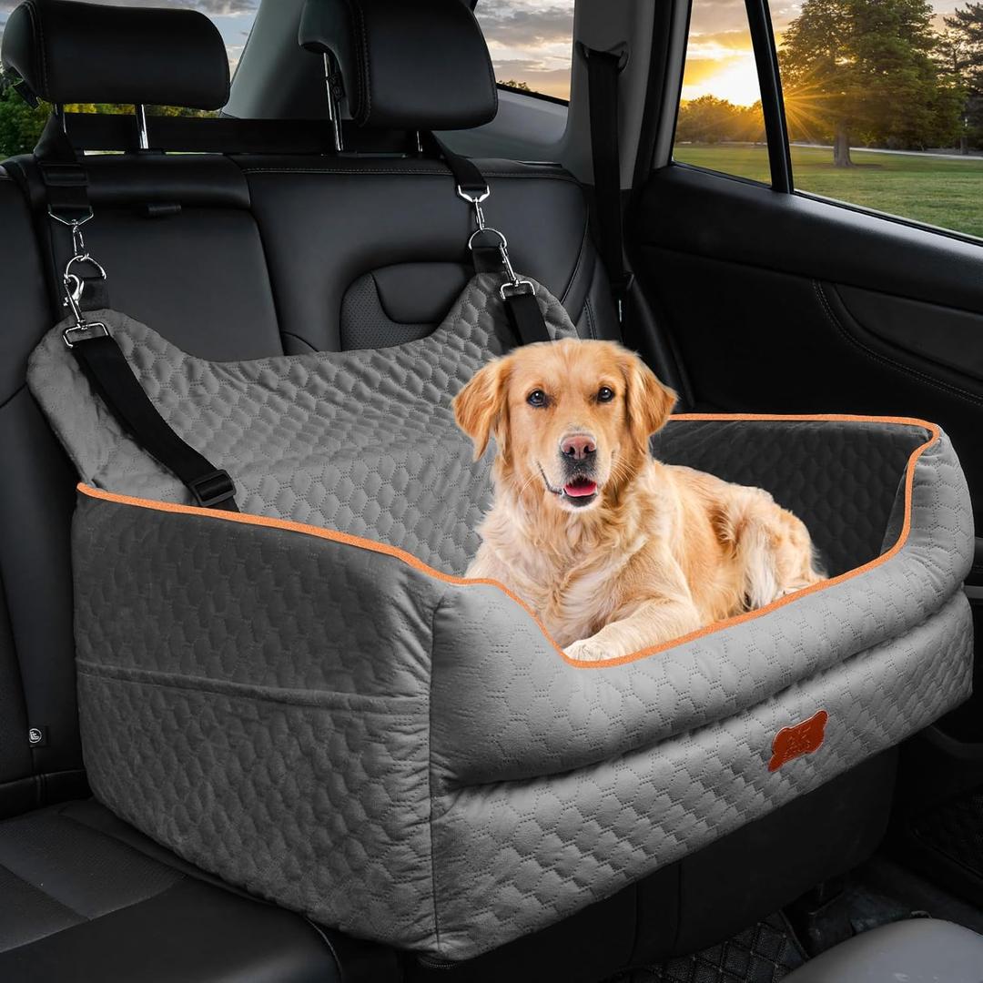 Dog Car Seat for Large/Medium Dogs - Memory Foam Dog Booster Seat for Under 55Lbs or 2 Small Dogs-Detachable and Washable Travel Bed with Thick Cushion and Storage Pockets-Grey 