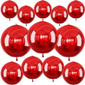 12Pcs Red Round Foil Balloons, 22" 15" 10" 4D Ball Balloons, Metallic Red Foil Balloon for Wedding Birthday Graduation Christmas New Year Party Decoration Supplies Backdrops