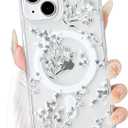 NITITOP Compatible with iPhone 14 Plus / 15 Plus Case Clear Magnetic Compatible with MagSafe Cute Flowers Floral Leaves for Women Girls Hard PC Back Shockproof Protective Cover - White