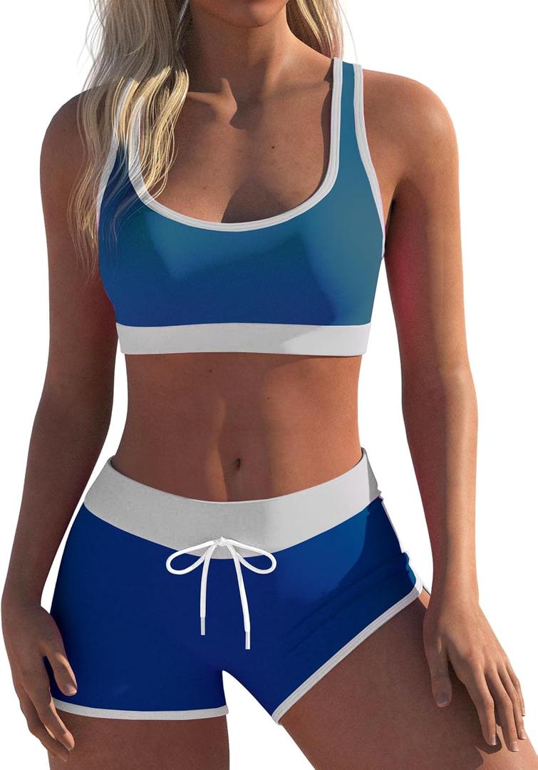 Womens Sport Two Piece Swimsuits Racerback Tops Boy short Bottom (X-Medium, Blue Print)