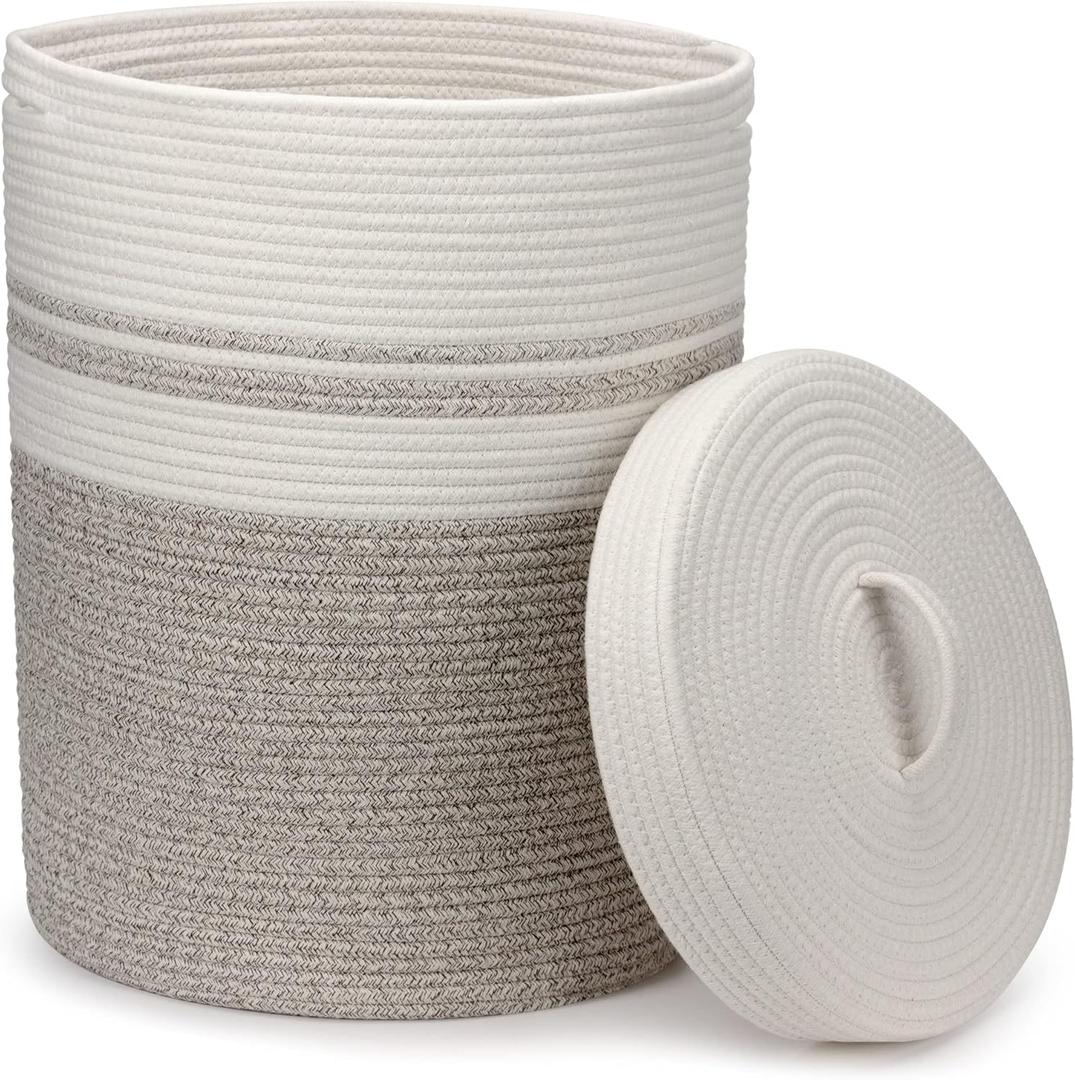 Laundry Hamper with Lid, Large Woven Laundry Basket，Blanket and Toy Storage Basket for Living Room, Bedroom, Bathroom, Nursery（Brown and White，55L）