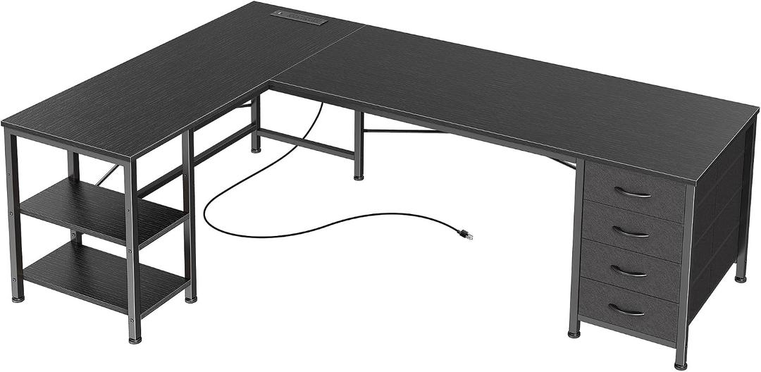 Huuger 55 Inch L Shaped Desk with Fabric Drawers, Reversible Computer Gaming Desk with Power Outlets and USB-C Port, Adjustable Side Storage Shelves, for Work Study Corner Home Office, Black