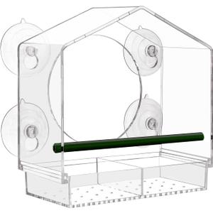 Acrylic Window Bird Feeder with 4 Strong Suction Cups, Clear and Transparent Bird House, Removable Food Tray with Drain Holes, Easy Install and Clean for Backyard and Viewing