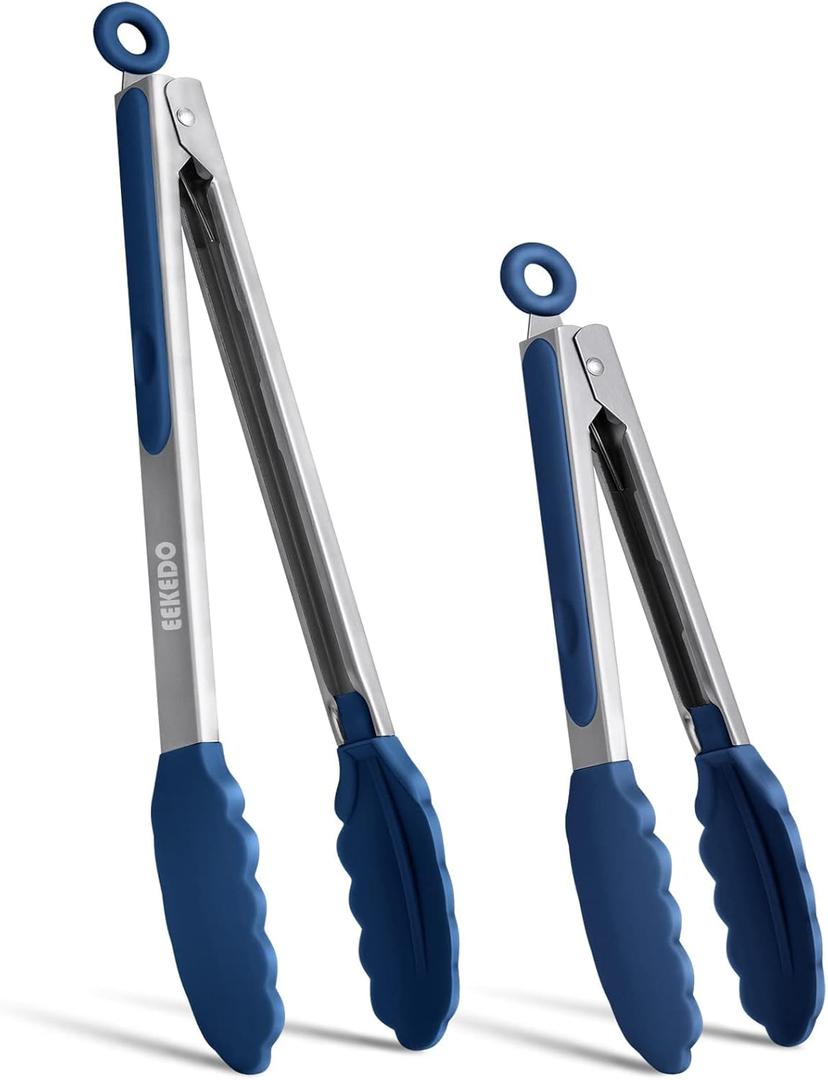 Tongs for Cooking, 600F High Heat-Resistant Stainless Steel Kitchen Tongs with Silicone Tips, Non Scratch, Locking Tong for BBQ Grilling Air Fryer Food Salads, Set of 2 (9" and 12") Navy Blue