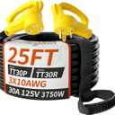 PlugSaf 25 FT 30 Amp RV Extension Cord Outdoor with Grip Handle, Flexible Heavy Duty 10/3 Gauge STW RV Power Cord Waterproof with Cable Organizer, NEMA TT-30P to TT-30R, Black-Yellow, ETL Listed