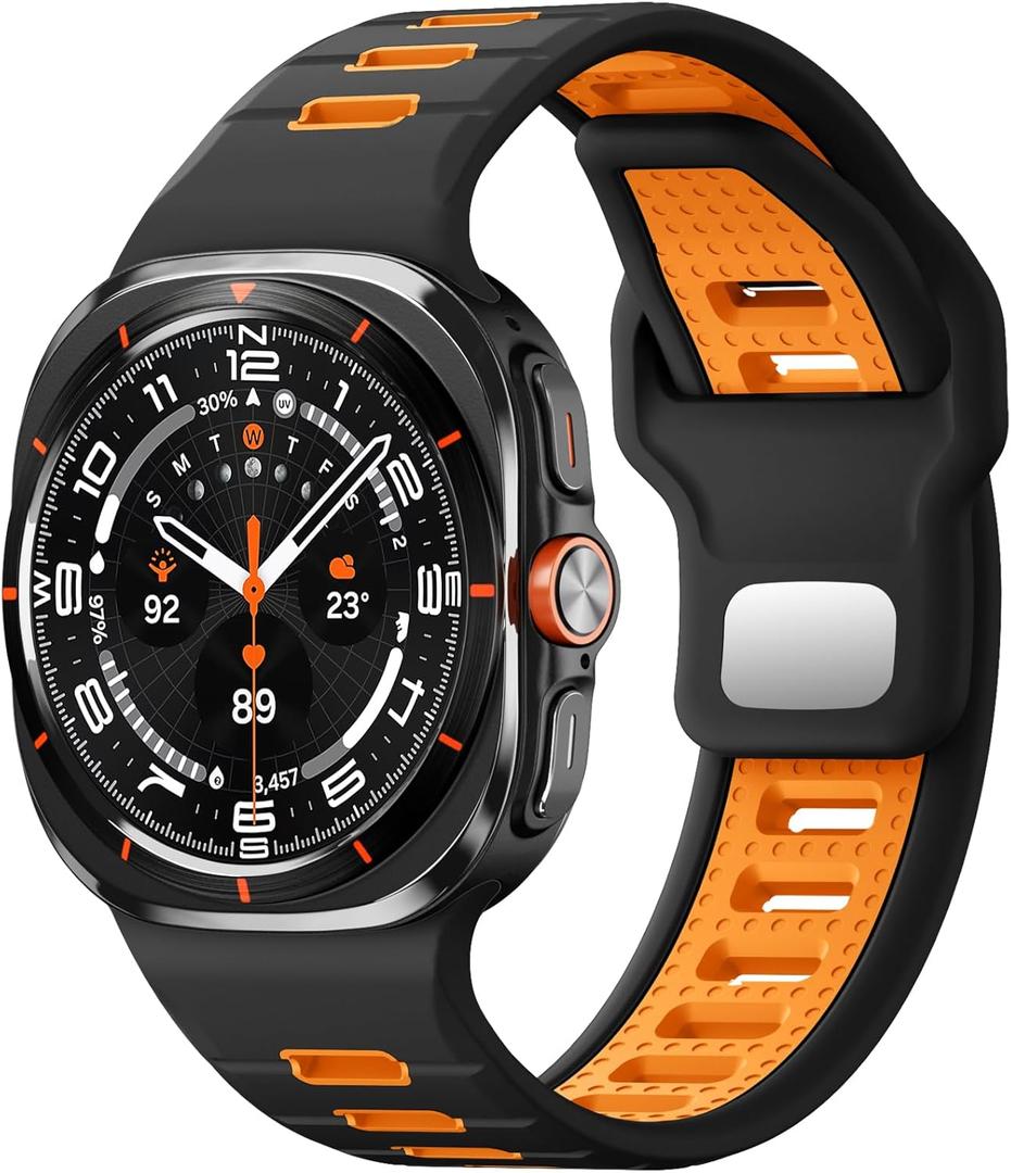 Odbeai Sport Band for Galaxy Watch Ultra Bands(2025/2024),Compatible with Samsung Watch Ultra Band,Soft Silicone Breathable Waterproof Loop Replacement Strap for Galaxy Ultra Watch Band 47mm for Men (Black/Orange)