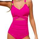 Girls Swimsuit Criss Cross One Piece Swimsuits Wrap Tie Back Sheer Mesh Bathing Suit with Gold Metal Swimwear 9-16Y (13-14 Years, Hot Pink)