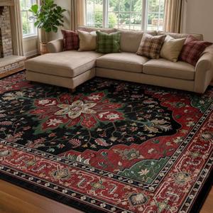 RELEANY Area Rugs 8'x10' Washable Non-Slip, Floral Vintage Distress Medallion Carpet for Living Room Bedroom Dining Room, Red Black
