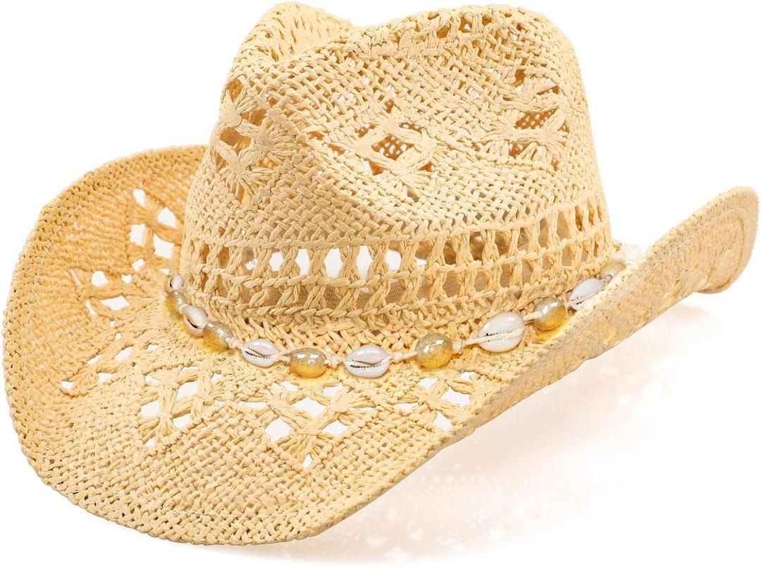 Cowboy Hat,Cowgirl Hat,Cowboy Hats for Women/Mens/Straw Wide with Shapeable Brim Cowboy Hat for Womens/White/Black. (Yellow and Shell)