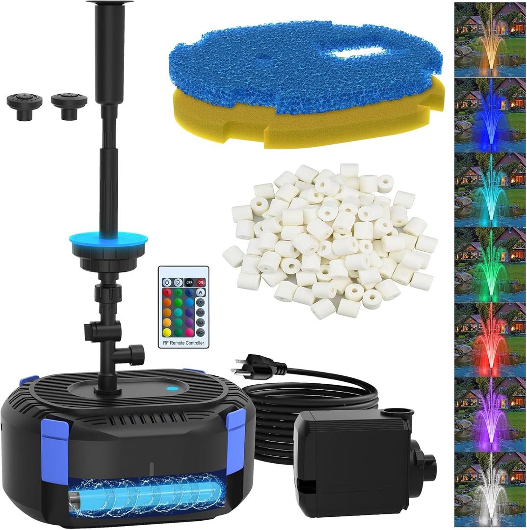 AquaMiracle All-in-1 Pond Fountain Kit 850GPH with 3-Spray Patterns Pond Filters System for Outdoor Ponds with Color LED & U - V Light to Clean Green Water Fountain Pump for 500-750 Gallon Ponds