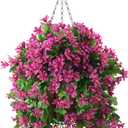 INQCMY Artificial Hanging Flowers in Basket for Spring Summer Outdoor Porch Decoration,UV Resistant Fake Silk Violet in Planter Realistic for Outside Home Patio Balcony Garden Yard Decor