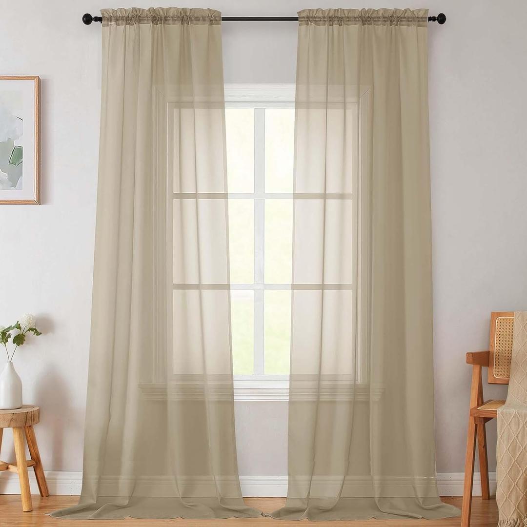 Extra Long Sheer Taupe Curtains for Bedroom Living Room 120 Inches Long 2 Panels Set, Solid Soft Light Filtering Rod Pocket Sheer Window Curtains, Taupe, Each 42" Wx120 L Inch