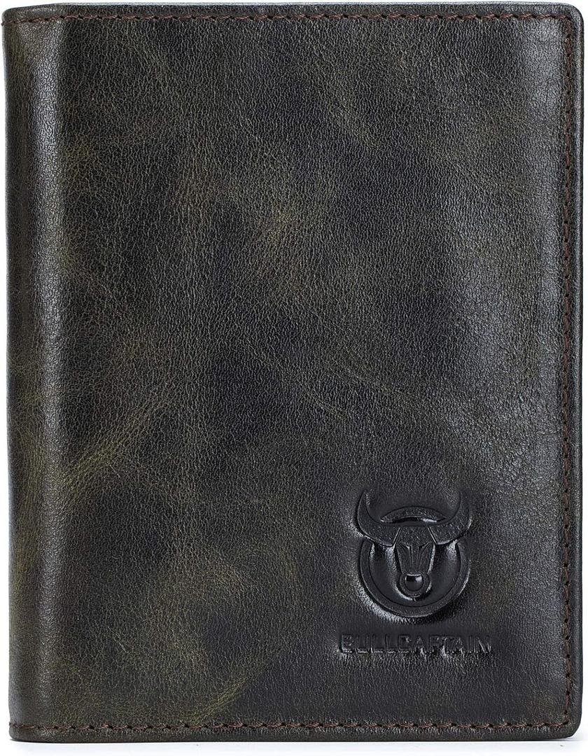 BULLCAPTAIN Large Capacity Genuine Leather Bifold Wallet/Credit Card Holder for Men with 15 Card Slots QB-027 (Olive Green)