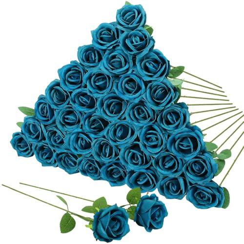35Pcs Teal Artificial Roses with Long Stems, Blue Green Fake Silk Rose Artificial Flowers Bulk for Bridal Wedding Bouquet Centerpiece Ball Arrangement Party Decor