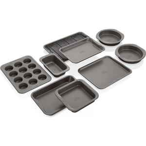 Ninja B39010 Foodi NeverStick Premium 10-Piece Bakeware Sheet Set, Oven Safe up to 500F, with (2) Baking Sheets, Cookie Sheet, Loaf Pan, Muffin Pan, (4) Cake Pans & Cooling/Roasting Rack, Grey