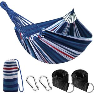 ANYOO Cotton Camping Hammock Portable with Tree Straps Holds 660lbs, Color: Blue/White/Red Stripe