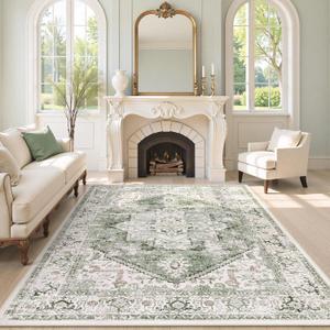 LIVEBOX Washable 9x12 Area Rugs, Large Rugs for Living Room Boho Soft Non-Slip Rug, Low-Pile Vintage Medallion Rug, Retro Indoor Carpet for Dining Room Bedroom Office Sage Green