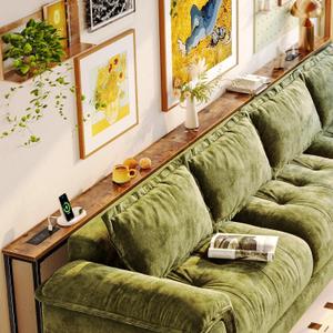 Huuger 129.9 Inch Behind Couch Table with 2 Power Outlets and USB-C Ports, Extra Long Narrow Sofa Table for Sectional Sofa, Skinny Console Table with Anti-Bump Pads, for Living Room, Rustic Brown