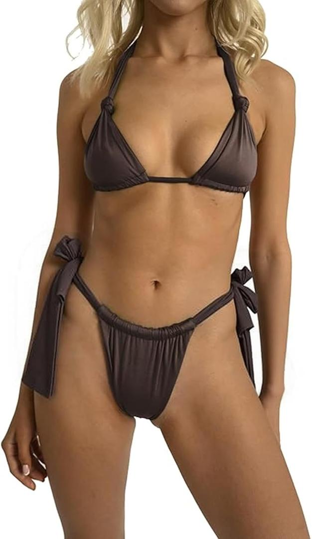 Women Thong Bikini Set Cheeky Halter Triangle String Two Piece Swimsuits Sexy Ruched Brazilian Bathing Suit (Brown, S)