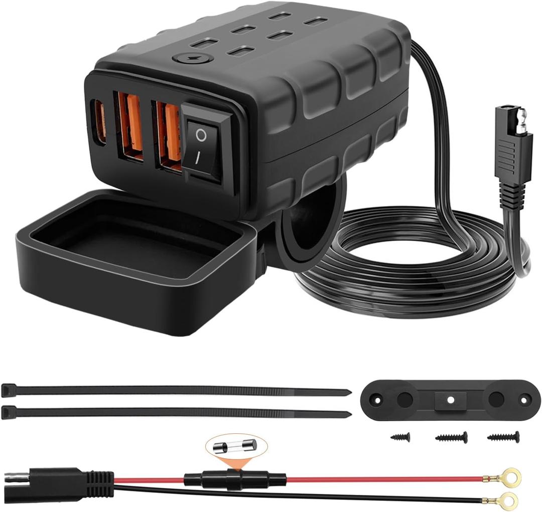Waterproof Motorcycle USB Charger with 3 Ports, 36W Universal Fit SAE to USB Fast Charging Adapter with ON Off Switch