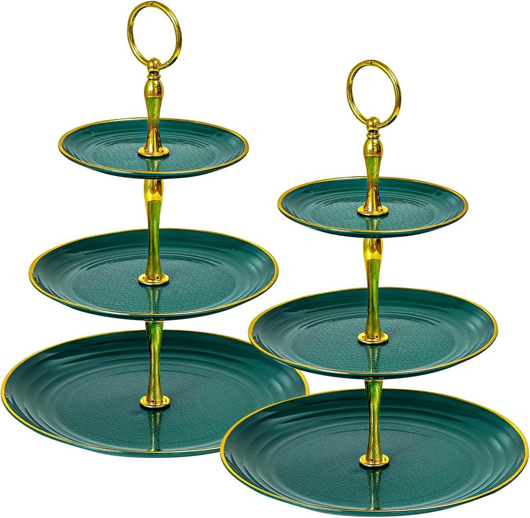 Soleebee 3-Tier Cupcake Stand, Round Plastic Tiered Serving Tray, Cup Cake Tower for Birthday Wedding Party Decoration, Cupcake Tier Stand Fruits Desserts Display 2 Pack (Green Gold)