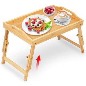 Breakfast Bed Tray for Eating - Raised Food Table Up to 9.5" on Lap Sofa - Adjustable Bamboo Serving Tray - Portable Snack Platter with Folding Legs Ideal for Bedroom Picnic (Medium, Natural)