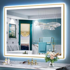 AWANDEE 48x38 Gold Framed LED Bathroom Mirror with Lights, Backlit + Front Lit, Anti-Fog Lighted Vanity Mirror for Bathroom Wall with 3 Colors, Dimmable, Memory, Tempered Glass, Horizontal/Vertical
