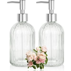 Glass Soap Dispenser with Plastic Pump, Hand Soap Dispenser for Hand Wash, Lotion Dispenser for Dishwashing Liquid, Lotion Shower Gel (Striped Transparent)