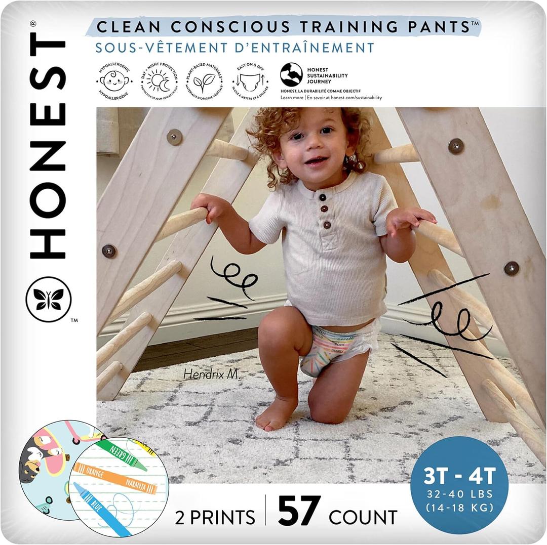 The Honest Company Clean Conscious Training Pants for Sensitive Skin, Hypoallergenic, Fragrance-Free, Let's Color See Me Rollin', Size 3T/4T (32-40 lbs), 57 Count
