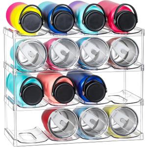 LARGER Compartment - 4 Tier Stackable Water Bottle Organizer Holder - for Stanley 40oz & Others' Large Tumbler - Clear Wine Rack, 16 Cup Bottle Holder for Cabinet Home Countertop Fridge Pantry Shelf