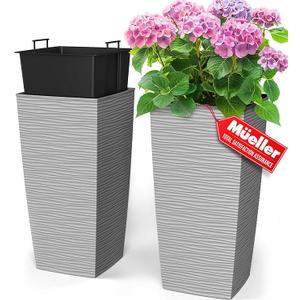 Mueller M-Resin Heavy Duty Tall Planters for Outdoor Plants, Indoor Grande Plant Pots, Boxes, Trees, Flower Pots, 2-Piece Set, 24”, Modern Design, Built-in Drainage, Front Porch Decor, Light Gray