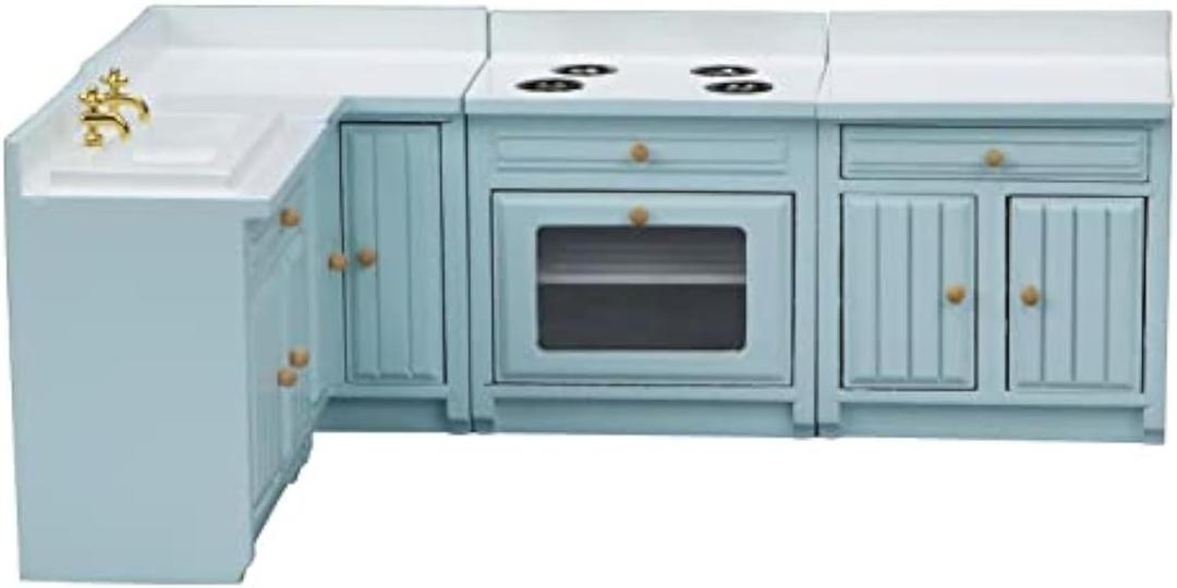 SXFSE Dollhouse Decoration Accessories, 1:12 Dollhouse Miniature 4 Pcs Wooden Kitchen Stove Sink Cabinet Set