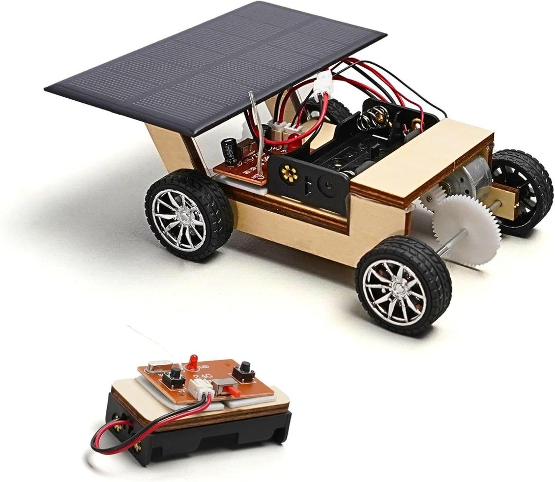 Solar-Powered Car V1, Wooden STEM Kit with Wireless Remote Control for Boys and Girls, Hybrid Powered by Solar Power and Batteries, Educational Motor Toy Gift for Kids Aged 8-12 (Classic)