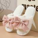 Verdusa Women's Cute Bow Fuzzy Open Toe Indoor Home Slippers Furry Outdoor Slippers White Pink 6.5