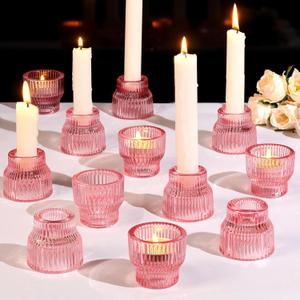 12pcs Pink Taper Candle Holders, Glass Candlestick Holders, Tea Light Candle Holder for Wedding Centerpieces Table Decorations, Votive Candle Holders for Baby Shower