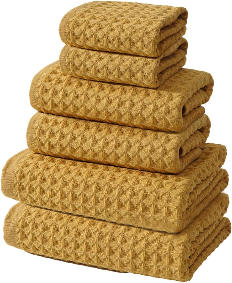 SK Studio 6 Piece Waffle Bath Towel Set, Cotton Hotel Large Absorbent Quick Dry with 2 Towels, 2 Hand Towels, 2 Washcloths for Spa Yellow