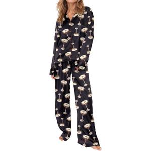 SHESHOW Satin Pajamas for Women Set Long Sleeve Button Down Sleepwear 2 Piece Nightwear Women Pjs Sets (Large, A-martini Drinks Black)