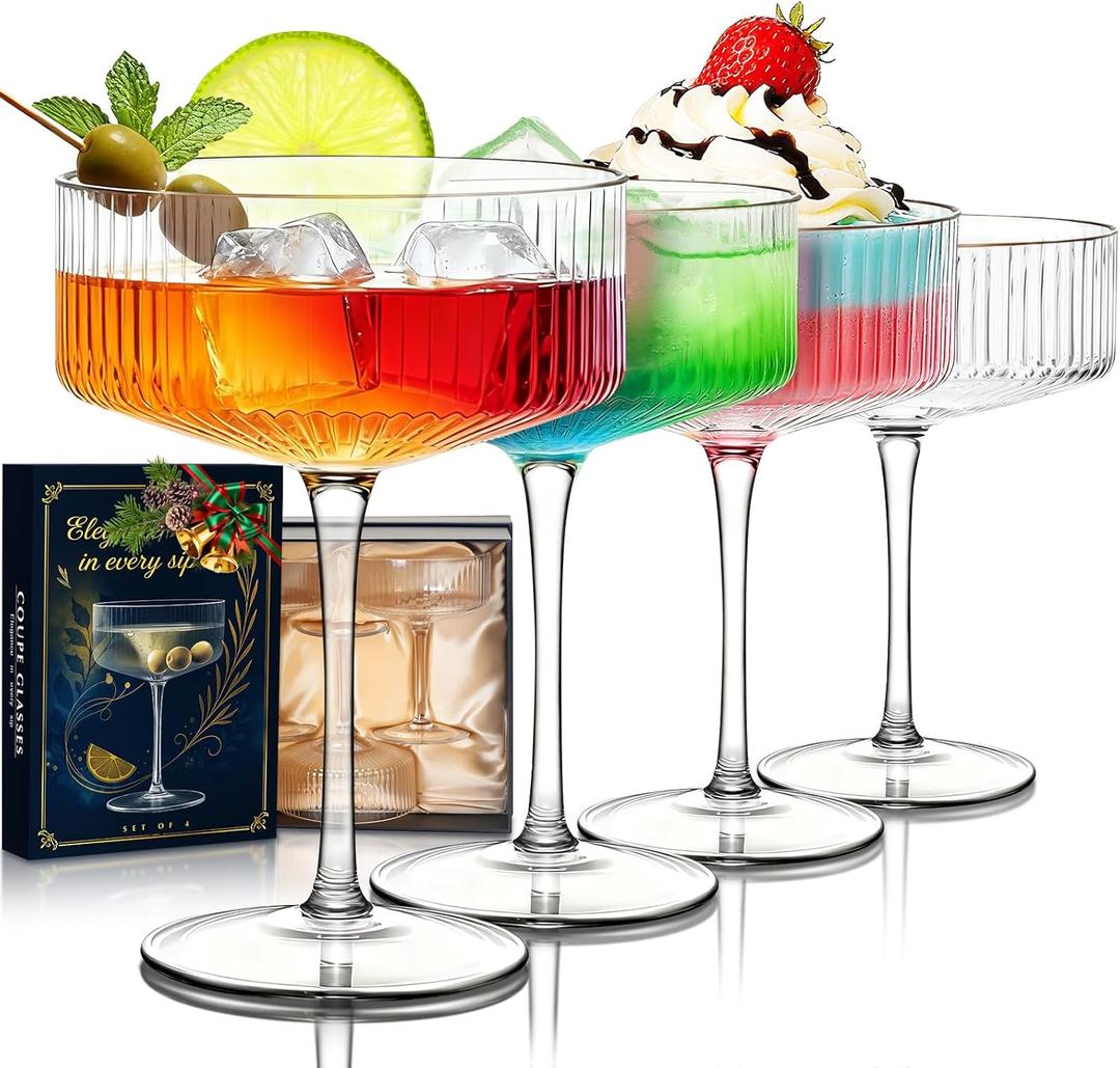 Evoio Martini Coupe Glasses Set of 4 | 10 oz Elegant Ribbed Vintage Cocktail Glasses, Premium Crystal Glass for Champagne, Espresso Martini, Desserts | Perfect for Gifts & Entertaining